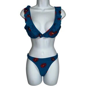 Sz.L*Volcom*2 Pc. Blue/Red Floral Print Bikini--Low Cut Top